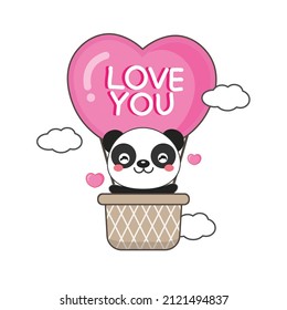 Cute Panda in hot air balloon.Valentine's day card.