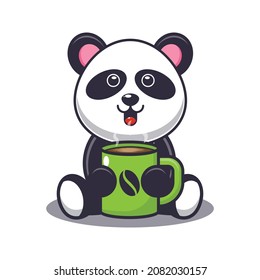 Cute panda with hot coffee. Cute cartoon animal illustration.