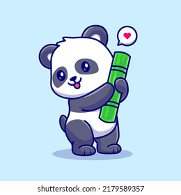 Cute Panda Hug Bamboo Cartoon Vector Icon Illustration. Animal Nature Icon Concept Isolated Premium Vector. Flat Cartoon Style