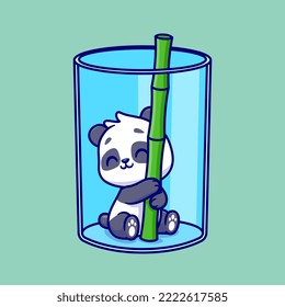 Cute Panda Hug Bamboo In Glass Cartoon Vector Icon Illustration. Animal Nature Icon Concept Isolated Premium Vector. Flat Cartoon Style