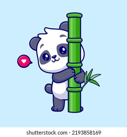 Cute Panda Abrazo de árbol de bambú Ilustración del vector de dibujos animados. Concepto de icono de la naturaleza animal Vector Premium aislado. Estilo de dibujo plano