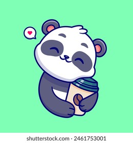 Cute Panda Hug Coffee Cartoon Vector Icon Illustration. Animal Drink Icon Concept Isolated Premium Vector. Flat Cartoon Style