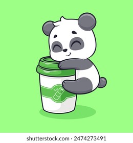 Cute Panda Hug Coffee Cup Cartoon Vector Icon Illustration. Animal Drink Icon Concept Isolated Premium Vector. Flat Cartoon Style