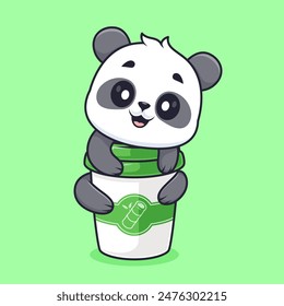 Cute Panda Hug Coffee Cup Cartoon Vector Icon Illustration. Animal Drink Icon Concept Isolated Premium Vector. Flat Cartoon Style