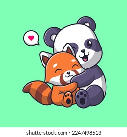 Cute Panda Hug Red Panda Cartoon Vector Icon Illustration. Animal Nature Icon Concept Isolated Premium Vector. Flat Cartoon Style