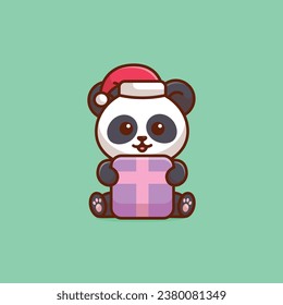 Cute panda huge christmas gift box simple cartoon vector illustration christmas concept icon isolated