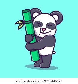 cute panda hugging bamboo cartoon vector icon illustration
