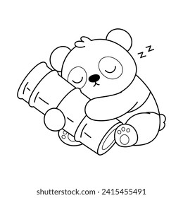 Cute Panda Hugging Bamboo, Coloring Book Page Line Art