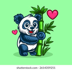 Cute Panda Hugging Bamboo with Hearts
