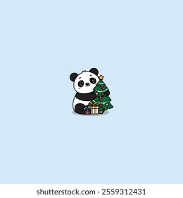 Cute panda hugging christmas tree cartoon, vector illustration