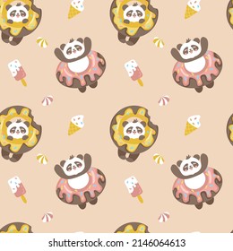 Cute panda hugging a donut. Summer print.  Ice cream. Seamless pattern for fabric, wrapping, textile, wallpaper, apparel. Vector.