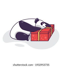 Cute Panda hugging a gift, Birthday card funny panda. Valentine day illustration card. Panda with red gift