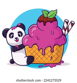 Cute panda with ice cream cartoon icon illustration