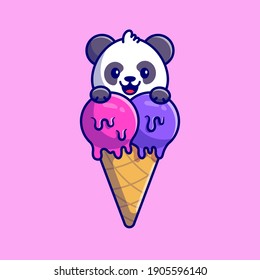 Cute Panda With Ice Cream Cone Cartoon Vector Icon Illustration. Animal Food Icon Concept Isolated Premium Vector. Flat Cartoon Style