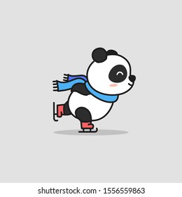 Cute Panda ice skating and wear scarf, vector cartoon illustration