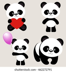 cute panda icons, Asian Bear,panda bear with a balloon, panda with hearts. EPS10