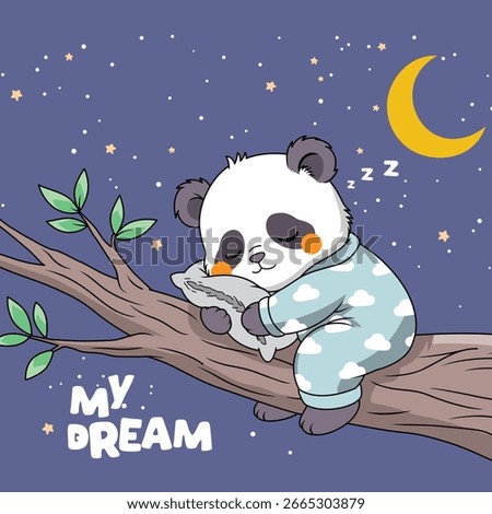 A cute panda illustrated sleeping on a tree branch at night while wearing cloud pattern pajamas and hugging a pillow under a crescent moon and starry sky with my dream text. Cartoon concept
