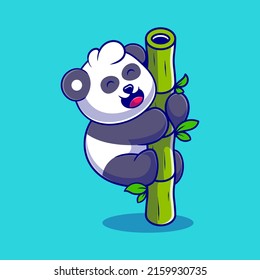 cute panda illustration hanging on bamboo suitable for mascot sticker and t-shirt design