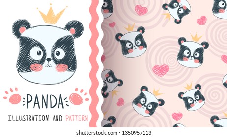 Cute panda illustration - seamless pattern. Hand draw