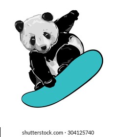 Cute panda illustration vector. Panda snowboarder.