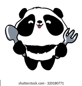 Cute panda illustration vector spoon, fork, lunch