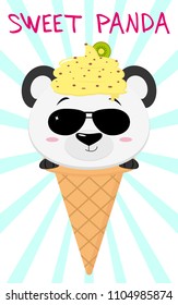 Cute panda in the image of ice cream. Sits in a waffle cone on his head, glaze and a berry, against a background of stripes in the style of a cartoon. Flat, vector.