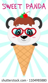 Cute panda in the image of ice cream. Sits in a waffle cone on his head, glaze and a berry, against a background of stripes in the style of a cartoon. Flat, vector.
