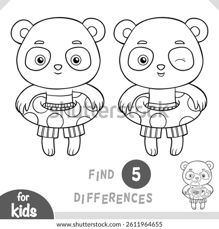 Cute panda and inflatable rubber ring. Find differences, educational black and white game for children