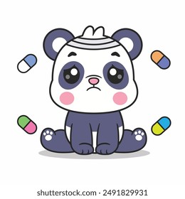 Cute Panda Injury Sick With Bandage drug Cartoon Vector Icon Illustration. Animal Medical Icon Isolated Premium Vector.Cartoon Style