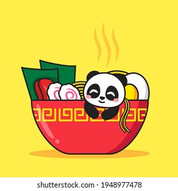 cute panda inside ramen bowl