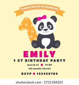 Una linda Plantilla de tarjeta de invitación panda para el primer cumpleaños de una niña. Ilustración vectorial.