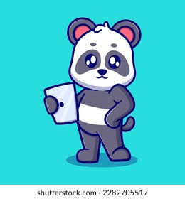 Cute panda with iPad cartoon icon illustration