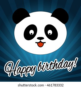 cute panda, isolated at blue background. Birthday card. Vector illustration