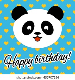 cute panda, isolated at blue. Birthday card. Vector illustration