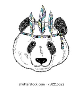 Cute panda isolated on white background. Portrait of the cute bear in native american costume.