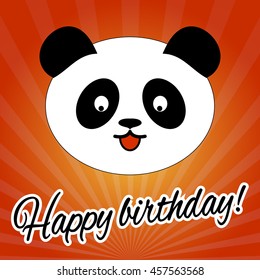 cute panda, isolated at orange. Birthday card. Vector illustration