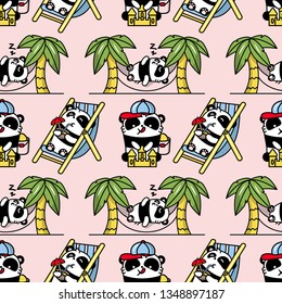 Cute panda kawaii bear on sea summer holiday. Vector flat seamless color pattern in linear style.