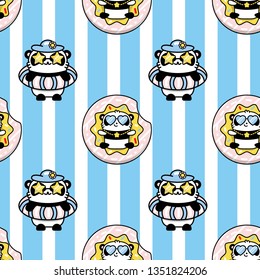 Cute panda kawaii bear on sea summer holiday. Vector flat seamless color pattern in linear style.