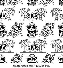 Cute panda kawaii bear on sea summer holiday. Vector flat monochrome seamless pattern in linear style.