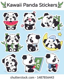 Cute Panda Kawaii Cartoon Vector Characters Set. Adorable, Happy And Funny Animal Eating Watermelon, Bamboo Isolated Sticker, Patches Pack. Anime Baby Panda Bear Sleeping Emoji On Blue Background