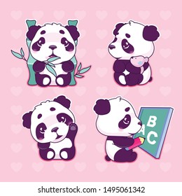 Cute panda kawaii cartoon vector characters set. Adorable, happy and funny animal eating bamboo, waving hand isolated sticker, patches pack. Anime baby girl panda bear emoji on pink background