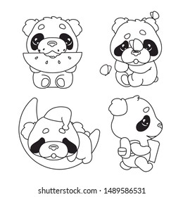 Cute panda kawaii linear characters pack. Adorable and funny animal eating watermelon, sleeping, back to school isolated sticker, patches set. Anime baby baby bear doodle emojis thin line icons