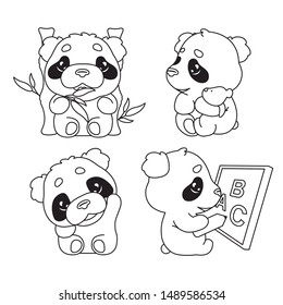 Cute panda kawaii linear characters pack. Adorable, happy and funny animal eating bamboo, waving hand isolated sticker, patches set. Anime baby panda bear doodle emojis thin line icons
