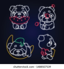Cute panda kawaii neon light characters pack. Adorable and funny animal eating watermelon, sleeping, back to school isolated sticker, patches set. Anime baby baby bear doodle emojis glowing icons