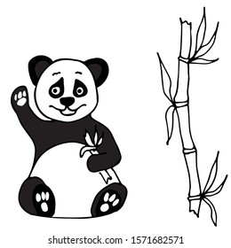 Cute panda kid holds in its paws a branch of eucalyptus with leaves. White isolated background. Drawn by hand. Suitable for design poster, t-shirt, coloring, fabric, print. Stock vector illustration.