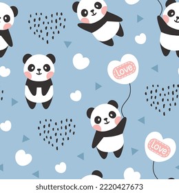 Cute panda kids seamless pattern design with hearts and dots. Blue pajama print, fabric and textile. 