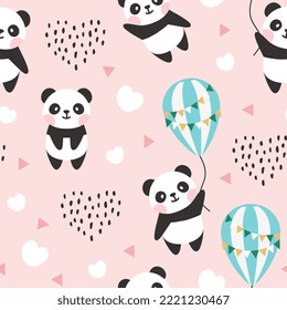 Cute panda kids seamless pattern design with hearts and colorful balloons. Pastel pink pajama print, fabric and textile. 