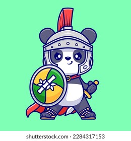 Cute Panda Knight With Shield And Sword Cartoon Vector Icon Illustration. Animal Holiday Icon Concept Isolated Premium Vector. Flat Cartoon Style