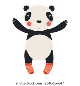 Cute panda in knitted socks character illustration. Hand drawn animal, Scandinavian style flat design, isolated vector. Kids autumn, fall print, element, seasonal activity