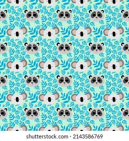 cute panda and koala with blue leaves repeat pattern vector image for a backdrop design.